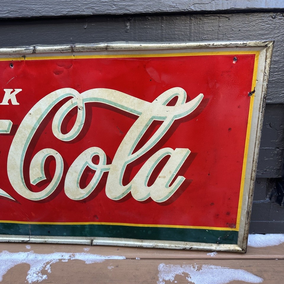 Vintage Original Drink CocaCola Tin Metal Soda Sign Antique
