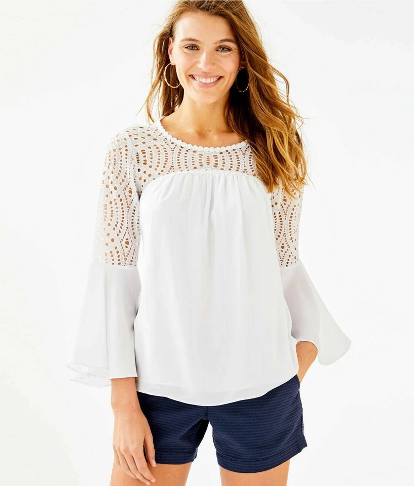 Top Lilly Pulitzer Amenna Manga Volante Resort Blanco Talla 10 $138 Venta al por menor ¡NUEVO CON ETIQUETAS!