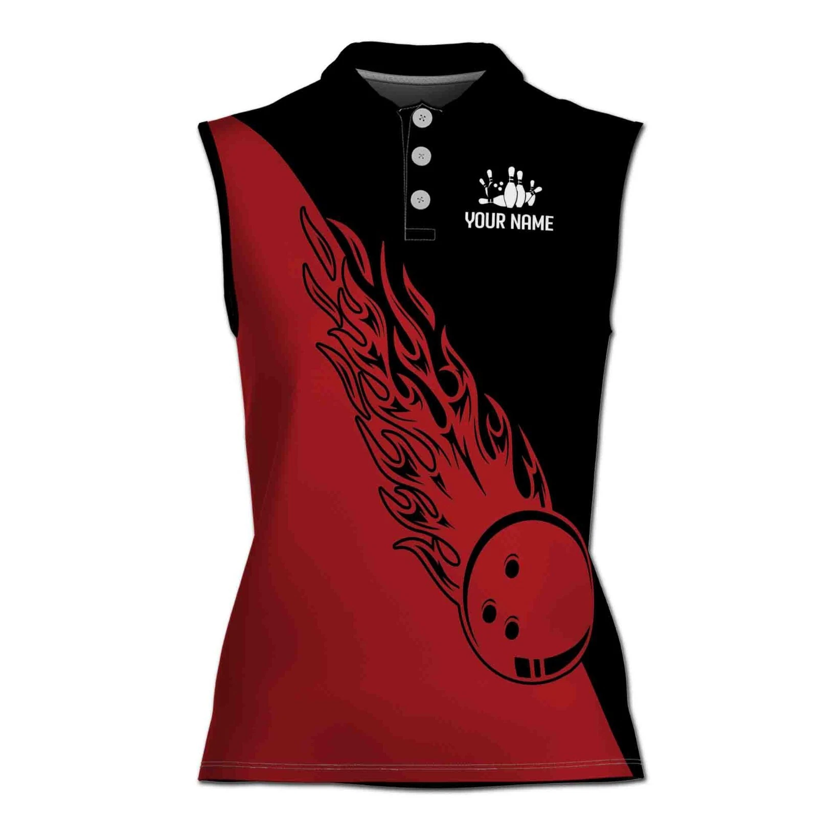 Personalized Black and Red Bowling Flame Pattern Grunge Women Sleeveless Polo