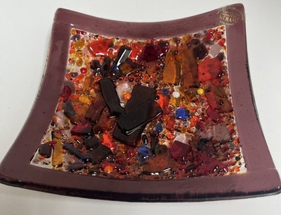 Murano Fused Art Glass Square Ruby Multi Color Trinket Dish Plate.