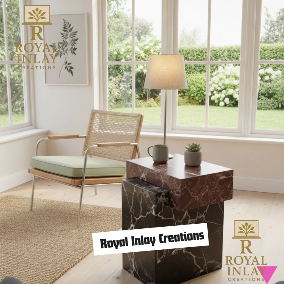 Serene & Modern Marble Side Table - Calacatta & Rosso Levanto Marble End Table - Image 2 of 4