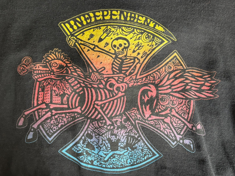 Vintage INDEPENDENT TRUCK CO T-Shirt Rainbow Skeleton Riding Skeletal Horse ~2X~