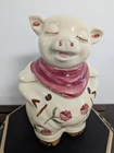 Rare 1940s Shawnee "Smiley Pig" Chrysanthemum cookie jar w/ pink flowers & scarf