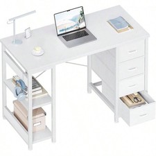 ODK 40 Inch White Computer Desk, 4 Fabric Drawers & Shelves