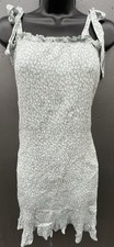 Smocked Mini Dress S Green White Floral Shoulder Ties Ruffle Cottage Fairy Y2K