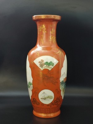 陶瓷器    小瓷瓶 五六七高端瓷器粉彩珊瑚红釉湖山春色图观音瓶Vintage Chinese Famille