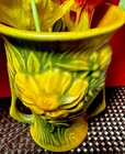 VTG Roseville Pottery USA 57-4 Mustard  + Green Two Handled Vase MCM 4” As Is