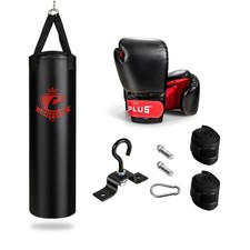 B2X Boxsack Set 28,5kg mit 12oz Boxhandschuhen und Handschlaufen Schwarz Rot
