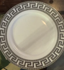 FourAlpineCuisineFinePorcelainDinnerPlate10.5"Greek keyMeanderPatternSilver Trim