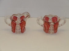 VINTAGE CRYSTAL CUT STAR PATTERN CRANBERRY & CLEAR SAW TOOTH CREAM & SUGAR BOWL