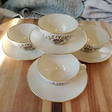 Lenox Starlight Cups and Saucers Set of 4 VTG Ivory Brown Floral Gold X-302 USA