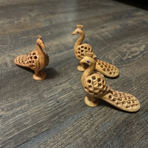 Handmade Wood Sculpture Natural Kadam from India Opulent Peacock Mini'