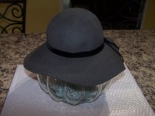 Kathy Jeanne USA Made Grey Wide-Brim 100% Wool Fedora Hat Velvet Ribbon accent