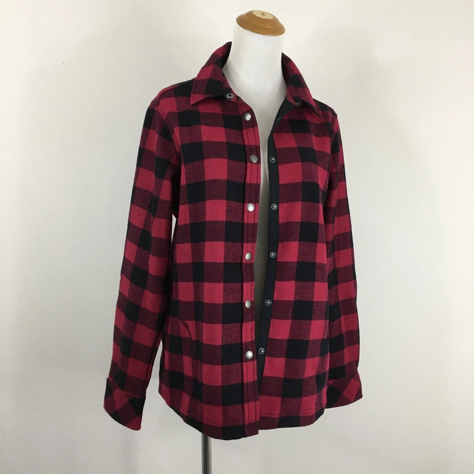 ORVIS Red Black Checks Logo Snap Button Flannel Shirt Jacket Womens sz Medium - Image 4 of 4