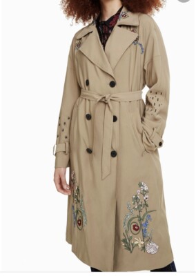 New Size 4(Small)38 Desigual Lightweight Embroidered Slim Trench Coat 19  x 44 