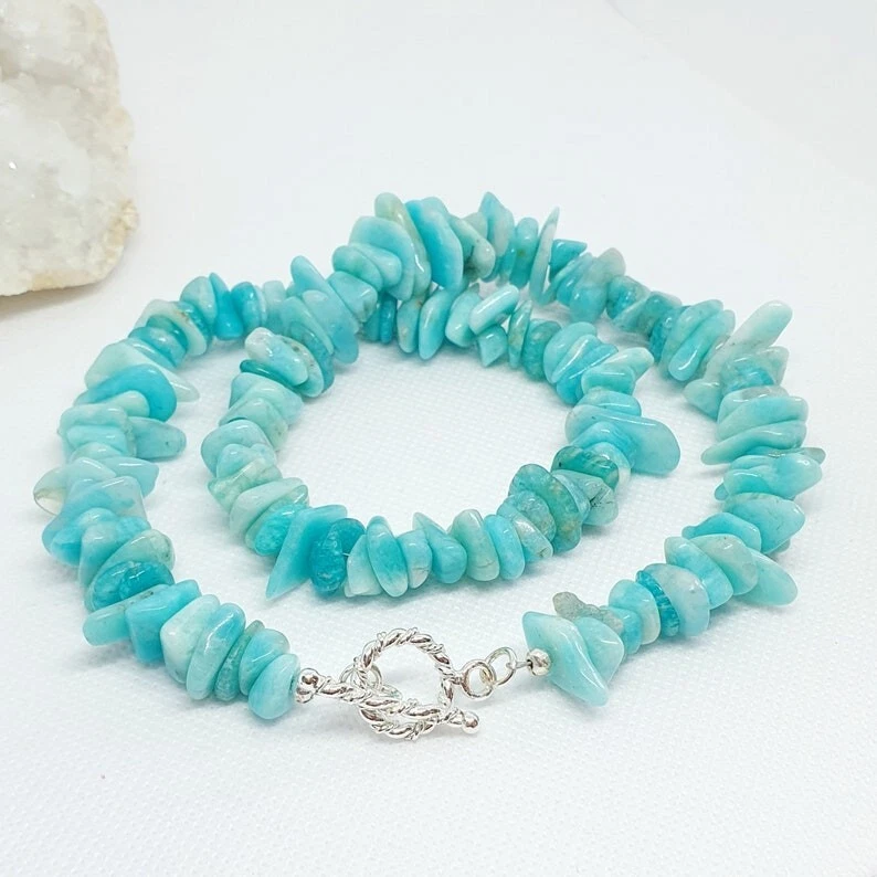 Collares de piedras preciosas nature amazonita lisas sin cortar con astillas hechos a mano para mujer de 18"" Foto 3 de 4