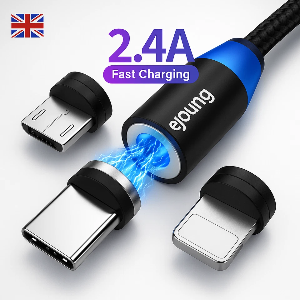 3 in 1 Magnetic USB Cable 3A FAST Charging Charger Sync Phone USB-C Micro + iOS - Image 2 of 4