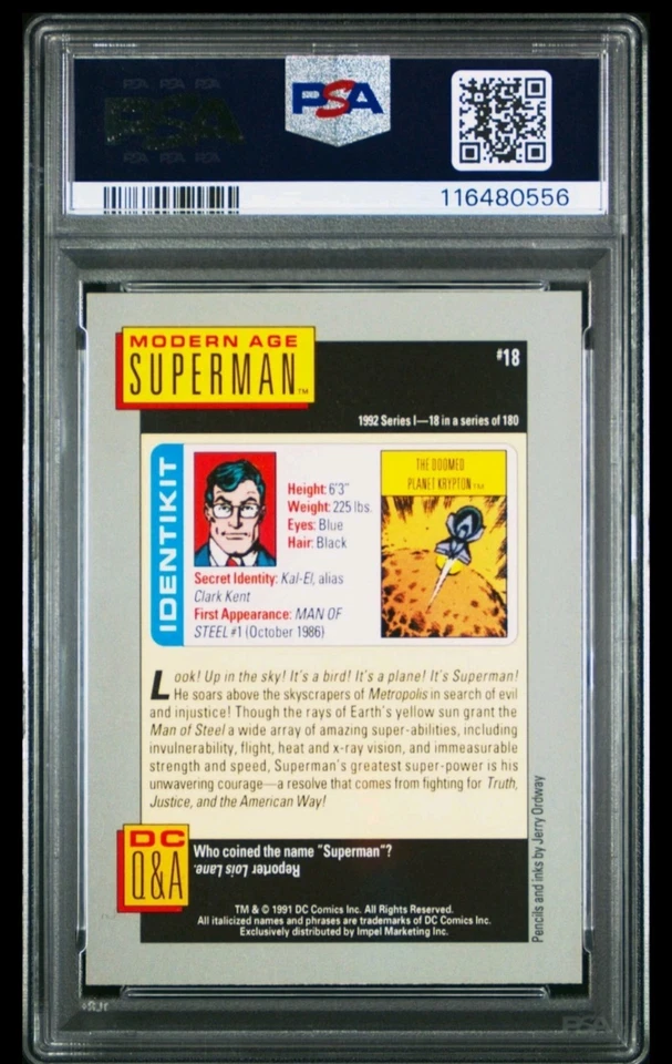 1992 IMPEL DC COSMIC CARDS #18 MODERN AGE SUPERMAN PSA 10 GEM MINT - Image 2 of 2