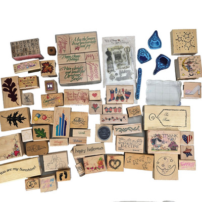 96 Wood Block Rubber Stamps Words Leaves Gnomes Boots Garland Holiday Crafts