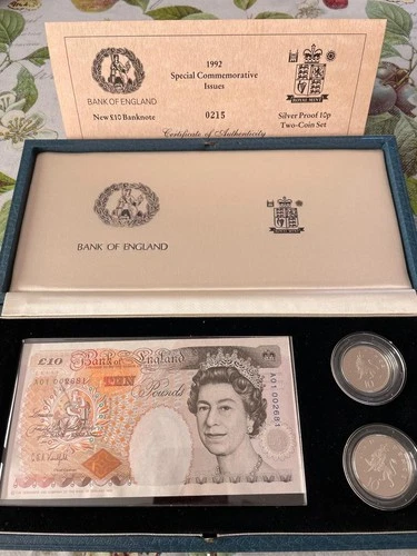 UK 1992 SPECIAL COMMEMORATIVE ISSUES NEW £10 BANKNOTE & S/PROOF 10P 2 COIN SET