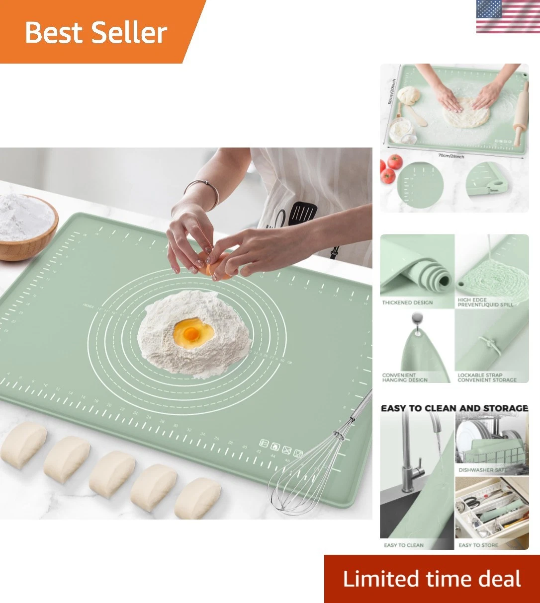 Silicone Baking Mat 28" x 20", Extra Thick Dough Rolling Mat with Measurement...
Opens in a new wind