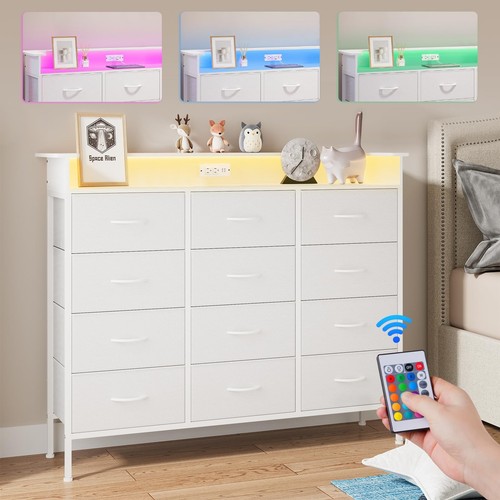 White LED Dresser for Bedroom, 50'’W Dresser with 12 Drawers and Charging Sta...