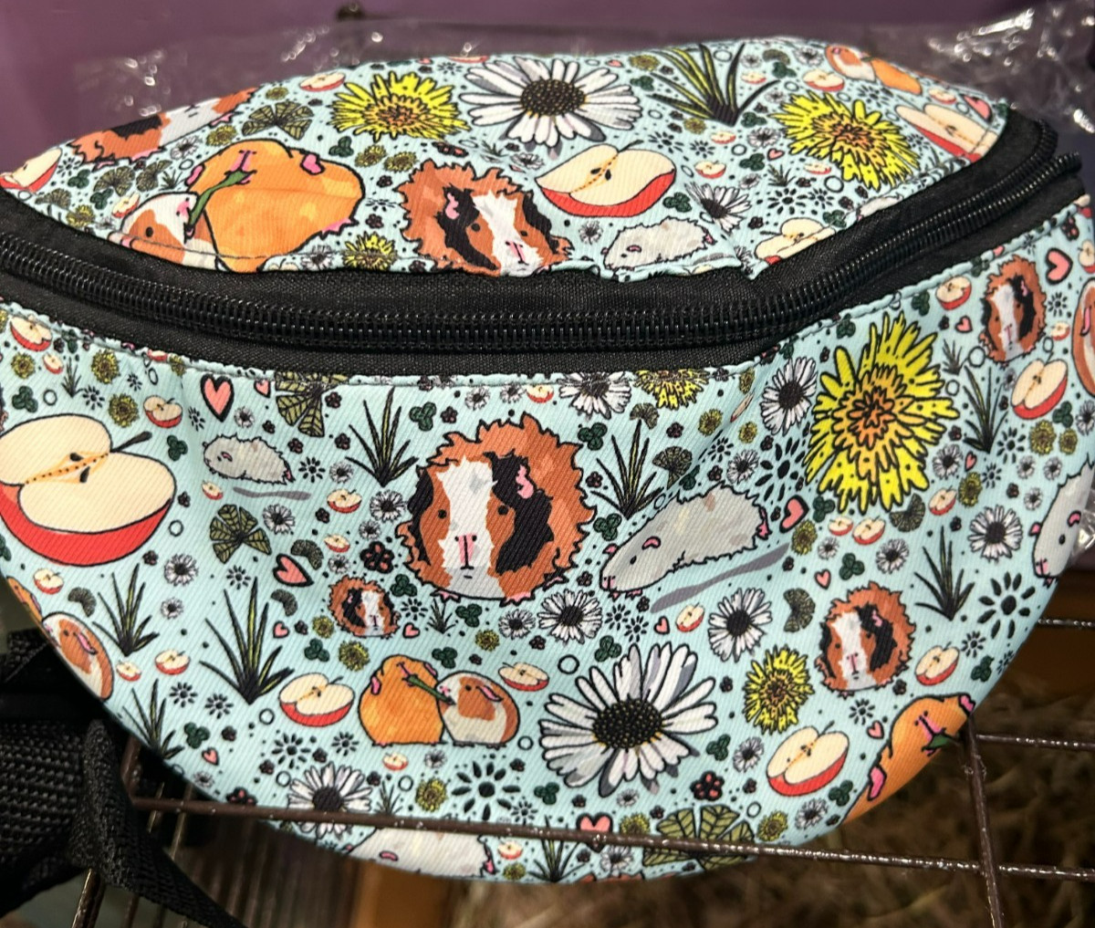 Comeco Blue Guinea Pig Apple Floral Fanny Pack Pockets Adjustable Straps Zipper