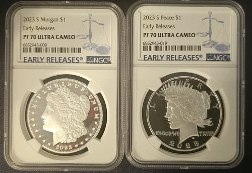 2023-S Morgan & Peace Dollars 2-Coin Set - NGC PF70 Ultra Cameo ER Blue Label