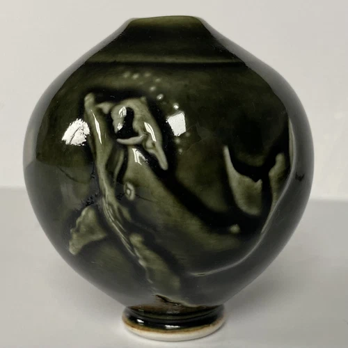 Edgecomb Potters Maine Studio Art Pottery Vase Whale w/ Baby Incense Signed EUC