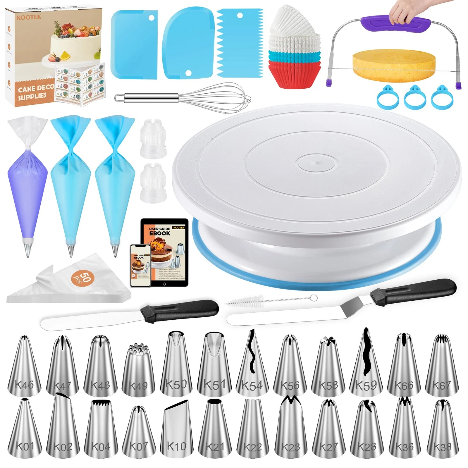 Kootek 140-Pcs Cake Decorating Kit, Baking Supplies Tools, Cake Stand Turntable