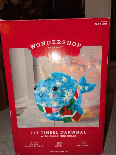 Wondershop whale Lit Tinsel Narwhal Outdoor Christmas Yard Decoration 16" Box