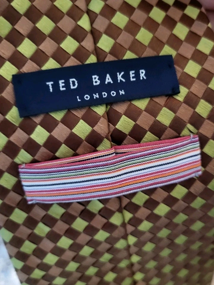 Ted Baker 100% Silk Tie Brown Green Woven Check USA Made - Image 3 of 4