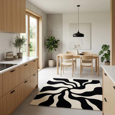Black White Abstract Swirl Rug, Modern Hand Tufted Wool Area Rug, Living Room