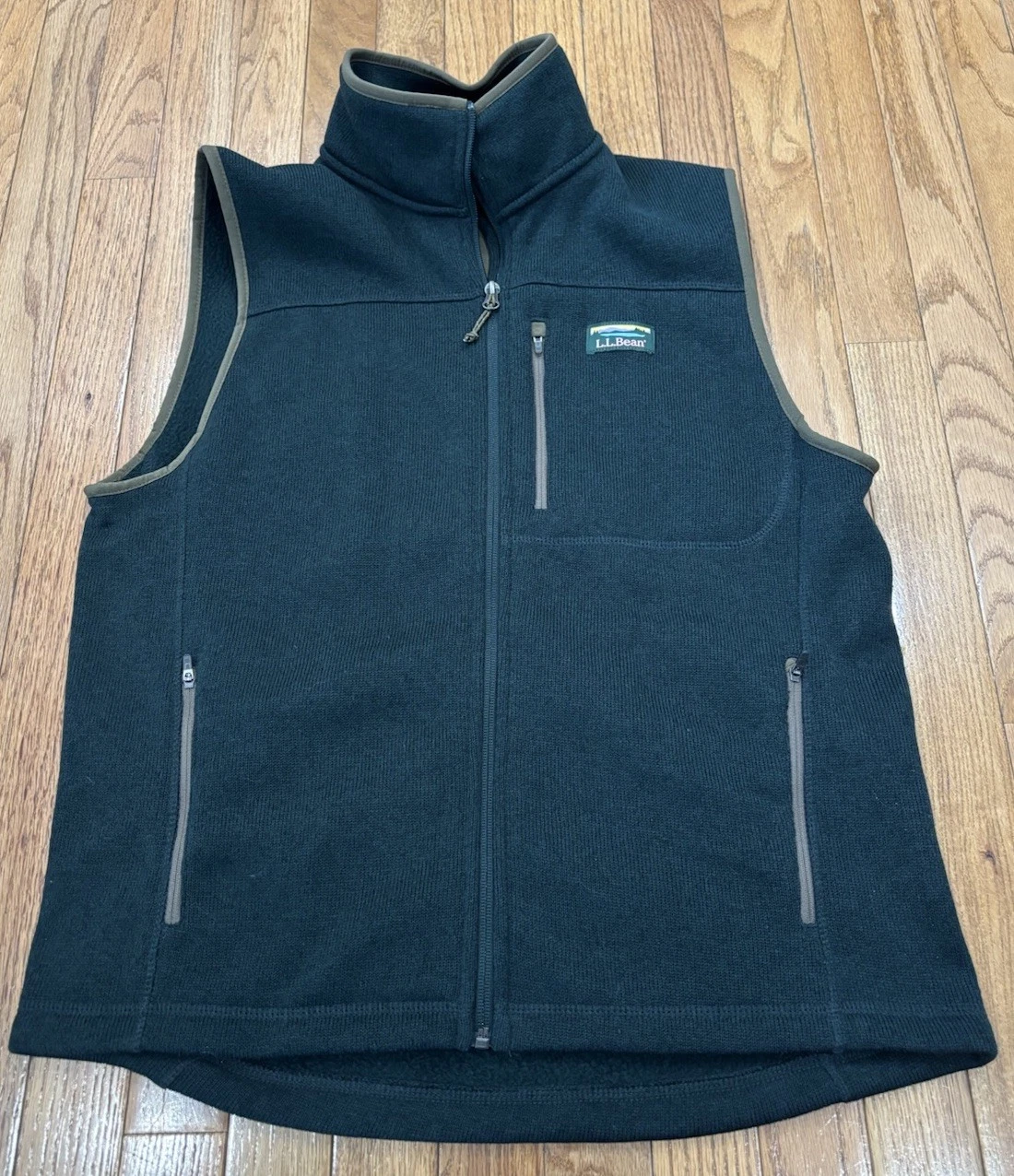 Mens LL Bean Green Fleece Sweater Vest Slightly Fitted Full Zip Medium Regular