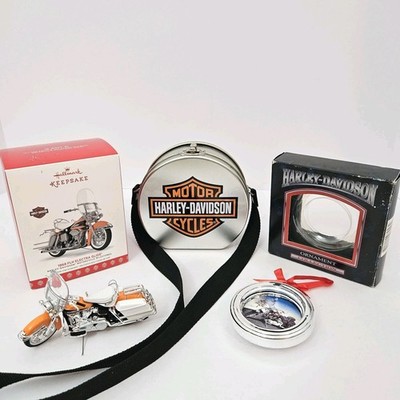 LOT OF 3 Harley Davidson Hallmark & Cavanagh Ornaments + Vintage Lunchbox Tin