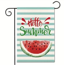 Hello Summer Watermelon with Stripes Burlap Garden Flag 12x18