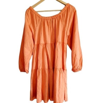 orange peasant dress 70s Orange Floral Print Long Sleeve Peasant Dress / Small
