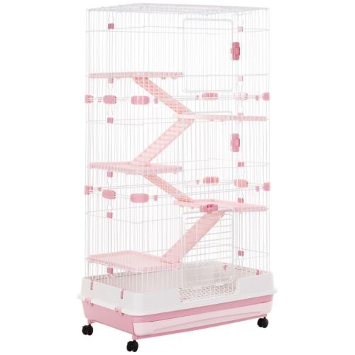 PawHut Small Animal Cage Indoor w/ Wheels Tray for Bunny Ferret Chinchilla Pink