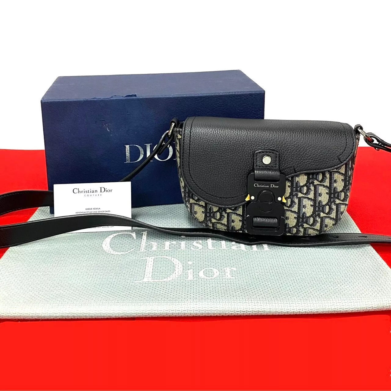 Christian Dior Pochette de Selle Sac à Bandoulière Oblique Cuir Toile Noir 81618