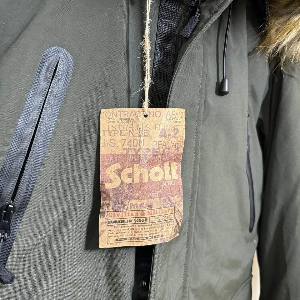 Vintage NWT Schott Nyc Goose Down Puffer Jacket Fur Hood S Military Green Coat - Image 4 of 4