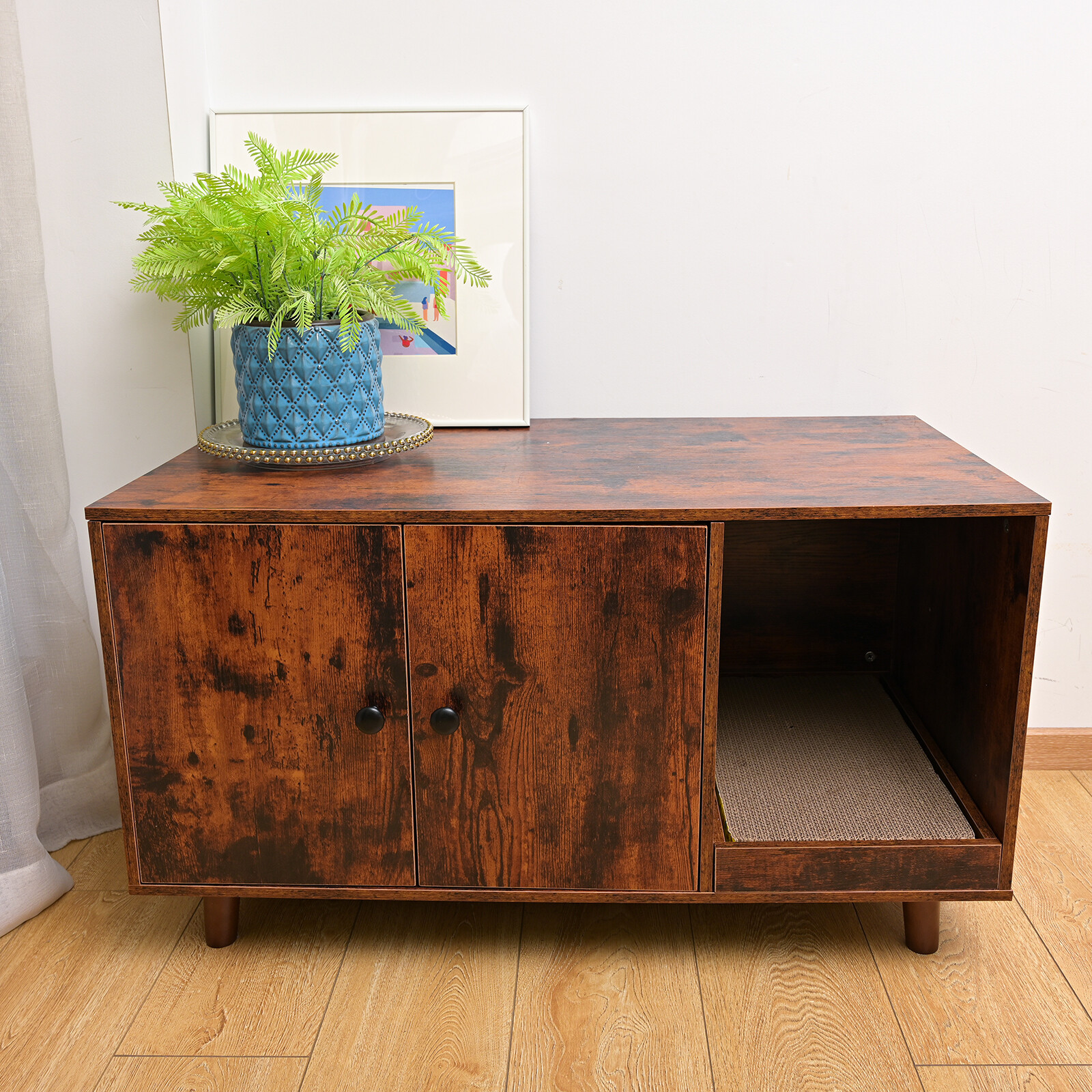 3 in 1 Multifunctional Cat Box w/ 2Doors Hide Cat Litter Box