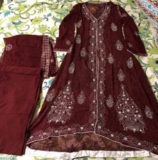 pakistani formal party wear dark red 3 piece