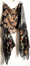 Scarf Shawl Butterflies Floral Multicolor on Black 33x70" 100% Viscose