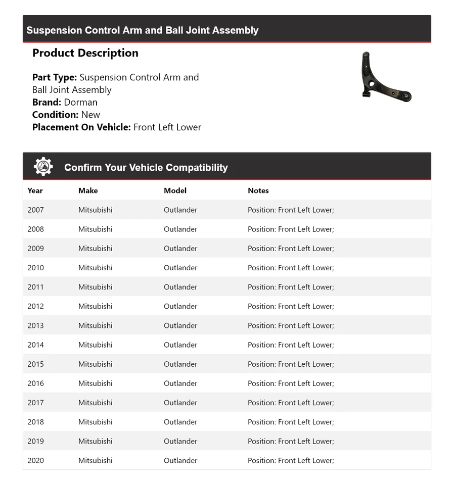 Conjunto de rótula brazo de control para Mitsubishi Outlander Dorman 2007-2020  Foto 2 de 4