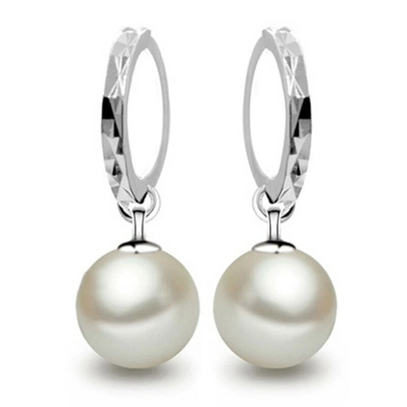 925 Sterling Silver Plated Hoop Charm Pearl Drop Dangle Earrings - image 2 of 4
