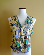 Vintage Nicole Miller Novelty Sports Motif Light Tan Silk Vest in size Large XL