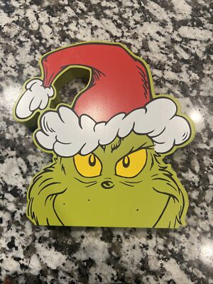 New Dr Seuss The Grinch Who Stole Christmas Santa Hat Face Wood Block Sign  Decor