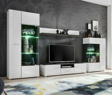 Wohnwand Schrankwand SOLIDO - Weiß Hochglanz, Holzoptik mit Led Beleuchtung