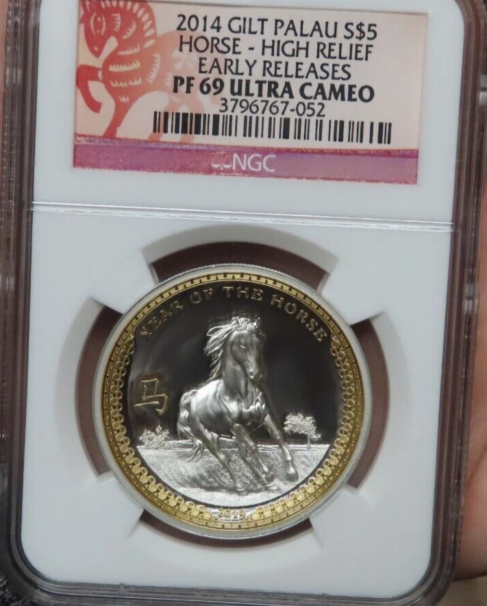 2014 HIGH RELIEF PROOF YEAR OF THE HORSE $5 PALAU Gilt Silver NGC PF69 - Image 4 of 4