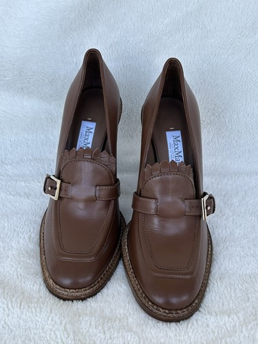 MAX MARA Women’s 4” Brown High Heel Leather Loafers 39 EU 8.5 US Preppy Designer - Picture 3 of 11